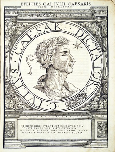 Giulio Cesare, illustrazione da Imperatorum romanorum omnium orientalium et occidentalium verissimae imagines ex antiquis numismatis, xilografia di Rudolph Wyssenbach, stampata da Andreas Gesner, Zurigo da Hans Rudolf Manuel Deutsch